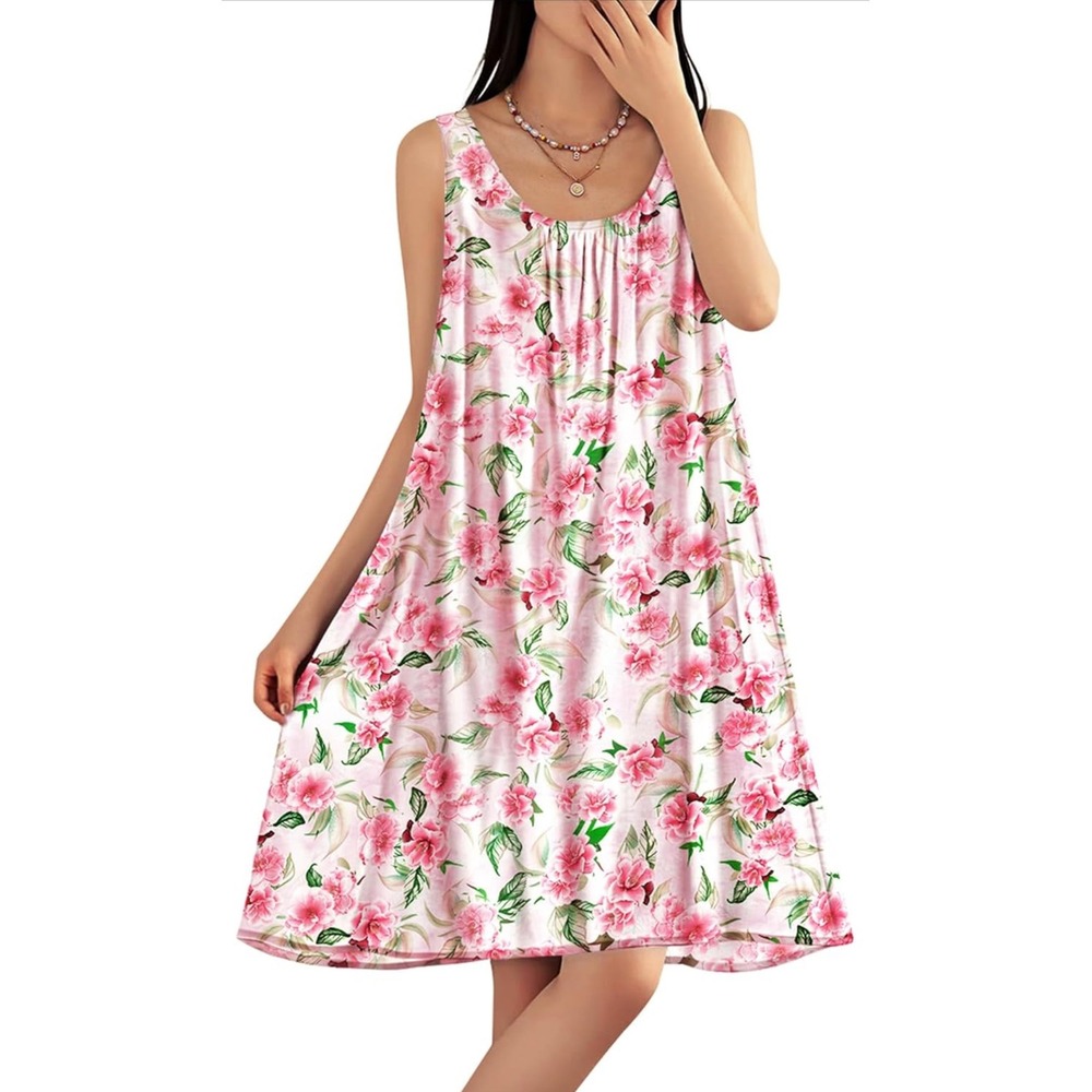 Women's Floral Print Sleeveless Casual Dress M Cotton Rayon Pink White Modern‎